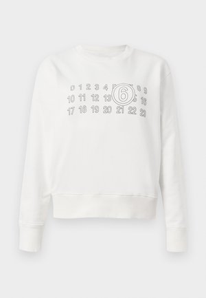 White sweatshirt with a crew neck, featuring a grey graphic of numbers and a circle around the number 6 across the chest. Ribbed cuffs.