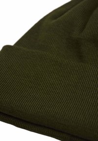 Green knitted beanie with a textured ribbed pattern and folded cuff. Made from soft, stretchy material for comfort and warmth.