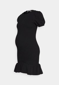 Vestido de maternidade preto com mangas curtas bufantes, franzido no corpete e barra com babados. Feito de um tecido texturizado, com silhueta ajustada.