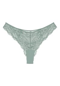 String en dentelle doux vert menthe avec un motif floral complexe, devant transparent et panneau arrière solide. Les bords festonnés ajoutent texture et détail.