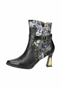 Stivale in pelle nera alla caviglia con tomaia in tessuto decorato, impreziosito da cuciture colorate e dettagli metallici. Presenta un tacco sottile e una fibbia decorativa.