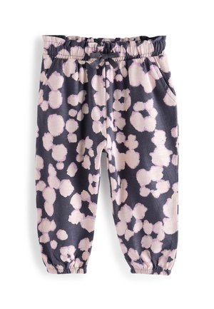 Ciemne spodnie dresowe dla dzieci z elastyczną talią i mankietami, ozdobione jasnoróżowym abstrakcyjnym kwiatowym wzorem oraz bocznymi kieszeniami.