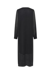 Schwarzes, durchsichtiges Langarmkleid mit geradem Schnitt, durchgeknöpften Bündchen und einem minimalistischen Design, das einen hohen Hals und eine fließende Textur aufweist.