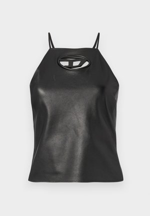 Débardeur en simili cuir noir avec des bretelles fines, un col halter, et un détail en découpe ovale au niveau de la poitrine. Texture lisse, design ajusté.