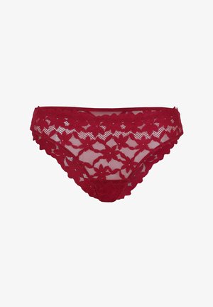 String botanico rosso con motivi floreali, bordi scallop e un design in rete trasparente per un aspetto e una consistenza delicati.