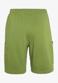 Zelené bavlněné šortky s elastickým pasem, dvěma bočními kapsami, měkkou textura a rovnými liniemi designu.