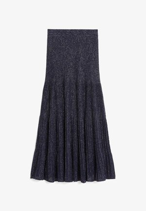 Gebreide midi-rok in donkerblauw met geplooid ontwerp. Voorzien van een rekbare tailleband en subtiele metalen draden voor extra textuur.
