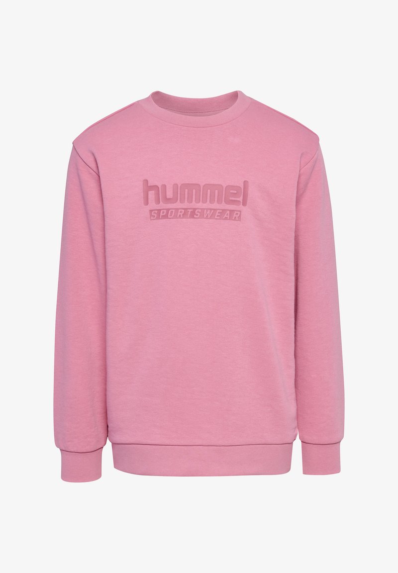 Roze sweatshirt van zacht materiaal, met een ronde halslijn en lange mouwen. Toont "hummel SPORTWEAR" in vette, verhoogde letters.
