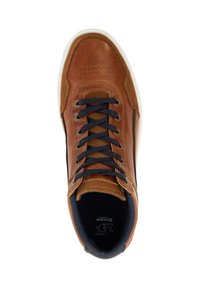 Brown leather sneaker with a smooth finish, navy laces, stitched accents, perforated toe detail, and white rubber sole.
