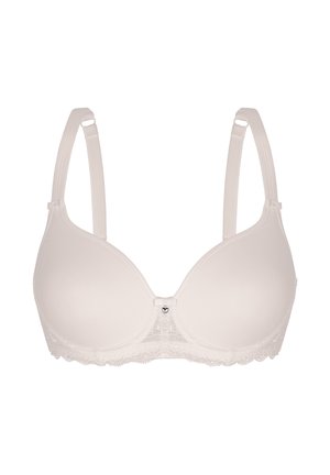 Weißer gepolsterter BH mit verstellbaren Trägern, Spitzenbesatz am unteren Rand und einem kleinen herzförmigen Anhänger in der Mitte vorne.