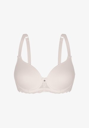 Weißer gepolsterter BH mit verstellbaren Trägern, Spitzenbesatz am unteren Rand und einem kleinen herzförmigen Anhänger in der Mitte vorne.