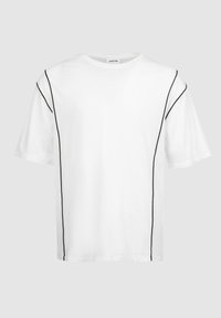White T-shirt made of cotton, featuring black stitching along the seams. It has a crew neck and short sleeves with a relaxed fit.