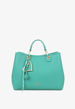 Borsa a mano in pelle turchese con manici color oro e ciondolo a forma di cuore, con nappina intrecciata e logo del marchio sul davanti.