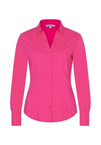 Rosa langärmliges Hemd mit einem Kragen, Knopfverschluss und taillierter Passform. Hergestellt aus glattem Stoff in einfarbiger Farbe.