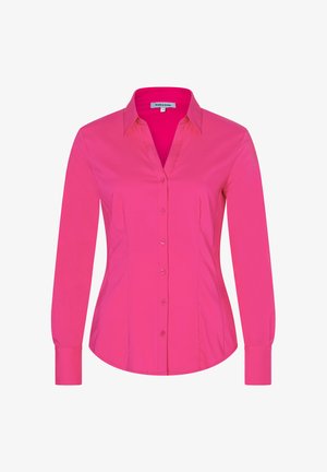 Rosa langärmliges Hemd mit einem Kragen, Knopfverschluss und taillierter Passform. Hergestellt aus glattem Stoff in einfarbiger Farbe.