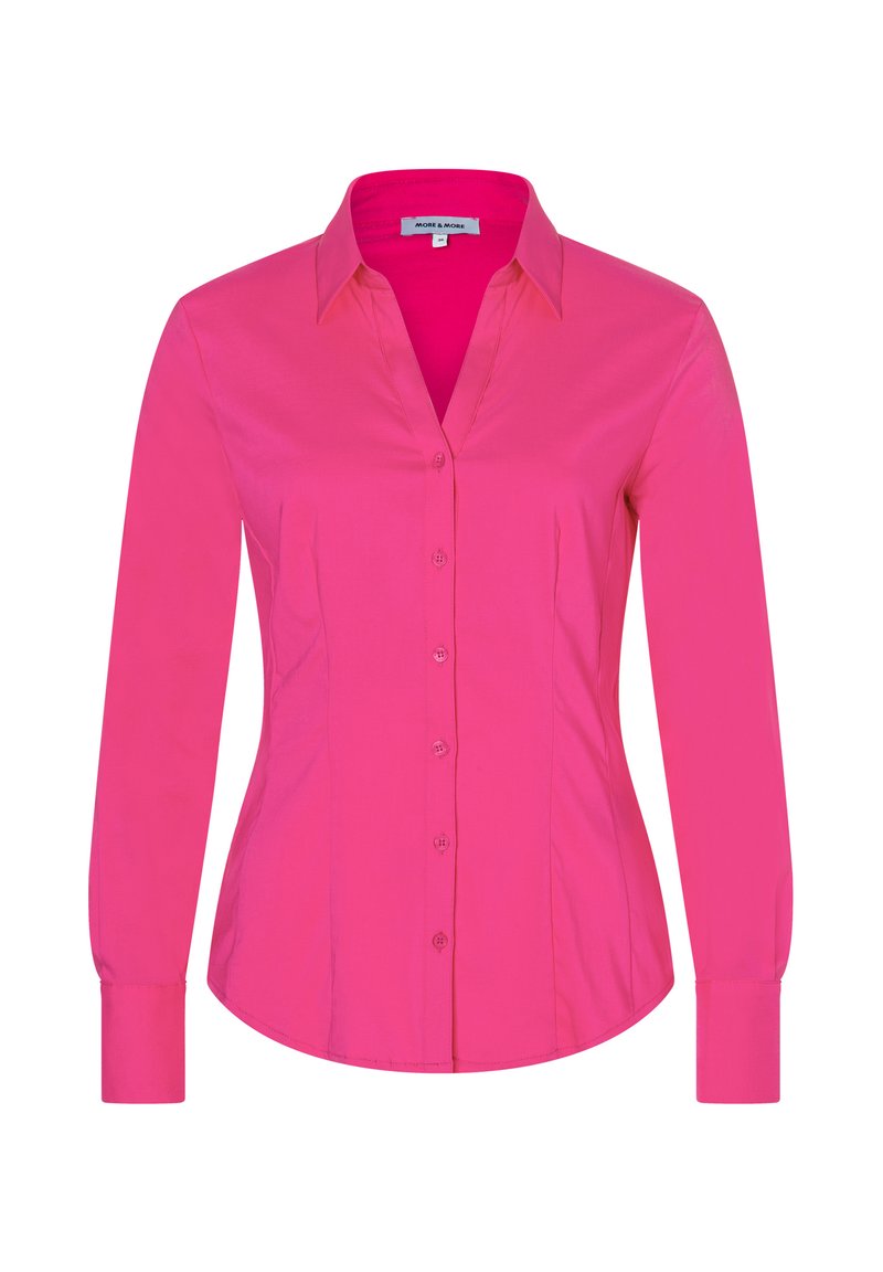 Rosa langärmliges Hemd mit einem Kragen, Knopfverschluss und taillierter Passform. Hergestellt aus glattem Stoff in einfarbiger Farbe.