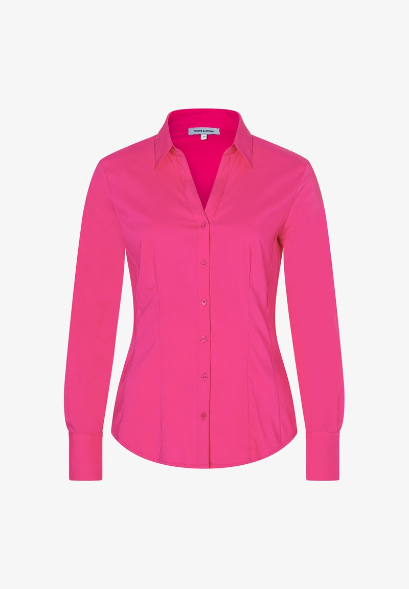 Rosa langärmliges Hemd mit einem Kragen, Knopfverschluss und taillierter Passform. Hergestellt aus glattem Stoff in einfarbiger Farbe.