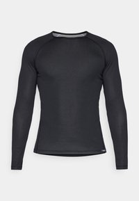 Schwarz langärmliges Sport-Shirt aus strukturiertem Material mit Rundhalsausschnitt und Mesh-Akzenten am Kragen, körpernahe Passform für optimale Bewegungsfreiheit.