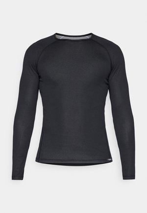Schwarz langärmliges Sport-Shirt aus strukturiertem Material mit Rundhalsausschnitt und Mesh-Akzenten am Kragen, körpernahe Passform für optimale Bewegungsfreiheit.