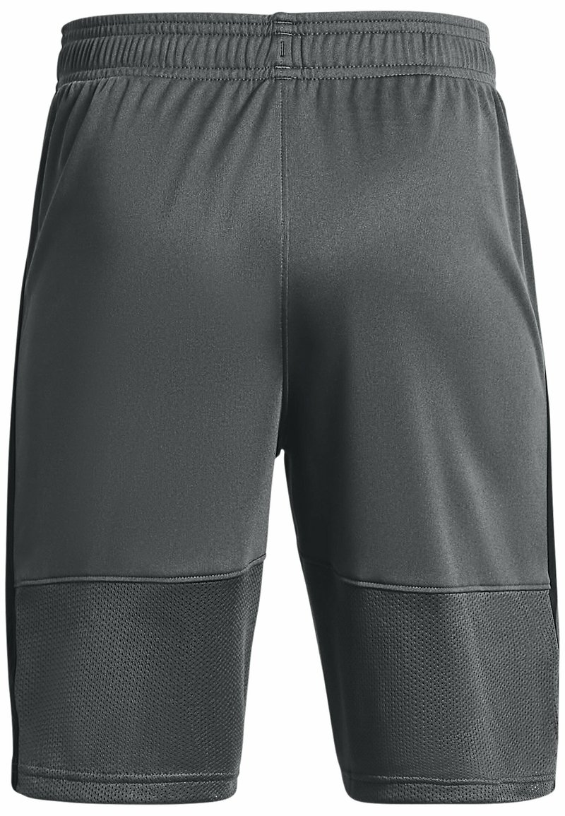 Shorts de sport gris avec un panneau en maille texturée dans la moitié inférieure, taille élastique et conception en tissu lisse.