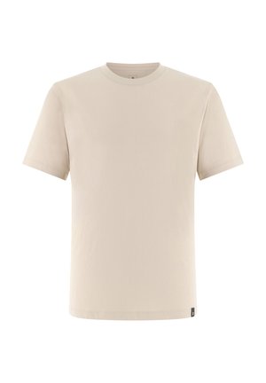 Béžové tričko s krátkými rukávy a kulatým výstřihem, s malou černou štítkem na spodním lemu.
