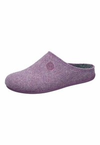 Purple felt slipper with a rounded toe and a textured surface. Features a spiral design accent on the side and a rubber sole.
