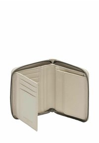 Jasnobeżowy portfel ze skóry z zamkiem błyskawicznym, wieloma przegródkami na karty, gładką fakturą oraz wewnętrzną kieszenią na monety lub drobne przedmioty.