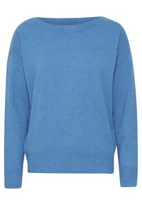 Pull en tricot bleu clair avec un large col, des manches longues et des bords côtes au niveau des poignets et de l'ourlet. Texture douce et coupe décontractée.