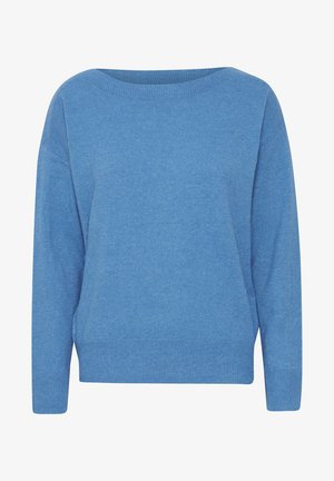 Gaiši zils adīts džemperis ar plašu kakla izgriezumu, garām piedurknēm un ribotiem aprocēm un apakšmalu. Mīksta tekstūra un brīvi krītoša piegriezuma dizains.