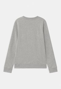 Šedá mikina s kulatým výstřihem, dlouhými rukávy a žebrovanými manžetami. Vyrobena z měkké tkaniny s hladkou strukturou. Jednoduchý design, bez vzorů.