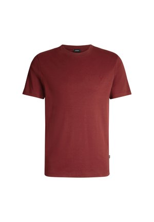 Rode katoenen T-shirt met een ronde hals, korte mouwen en een klein geborduurd logo op de borst. Vlotte textuur, reguliere pasvorm.