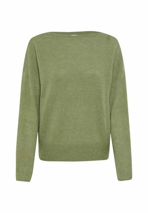 Helles grünes gestricktes Sweatshirt mit einem runden Halsausschnitt, langen Ärmeln und einer lässigen Passform. Die Textur ist weich mit einem leicht lockeren Gewebe.