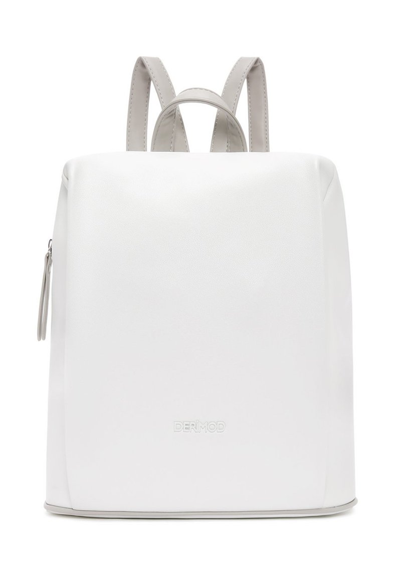 Zaino bianco in ecopelle con forma rettangolare, texture sottile e tasca laterale con zip. Dotato di spallacci grigi regolabili.