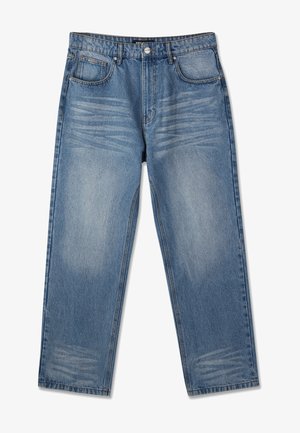 Jeans blu in denim a gamba dritta con tasche frontali, dettagli sbiaditi su cosce e ginocchia, e chiusura con bottoni in vita.