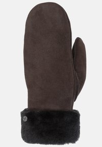 Braune Wildlederhandschuhe mit einem schwarzen Fellbund. Glatte Textur mit einer abgerundeten Form und einem metallischen Akzent am Bund.