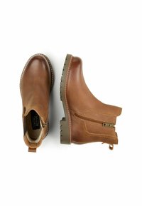 Brown leather ankle boots with side zippers and pull tabs. Chunky sole with a textured pattern. Smooth finish with visible stitching accents.