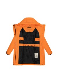 Orange puffer jacket with a hood, featuring a black lined interior, logo details, and two inner pockets. Soft texture and insulated design.