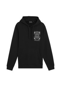 Felpa nera con cappuccio e tasca frontale. Presenta un design grafico bianco con un sole e testo nell'area sinistra del petto. Tessuto morbido.