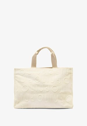 Biela taška na nosenie vyrobená z textúrovaného materiálu, s vyrazeným logom. Má dve horné rúčky pre jednoduché prenášanie.