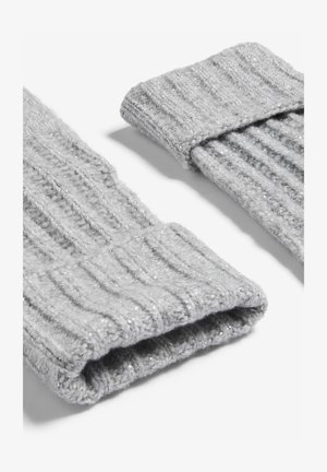 Grå ribstrikkede manchetter lavet af blødt materiale med en diskret glans. Hver manchet har en rullet kant og en tekstureret overflade.