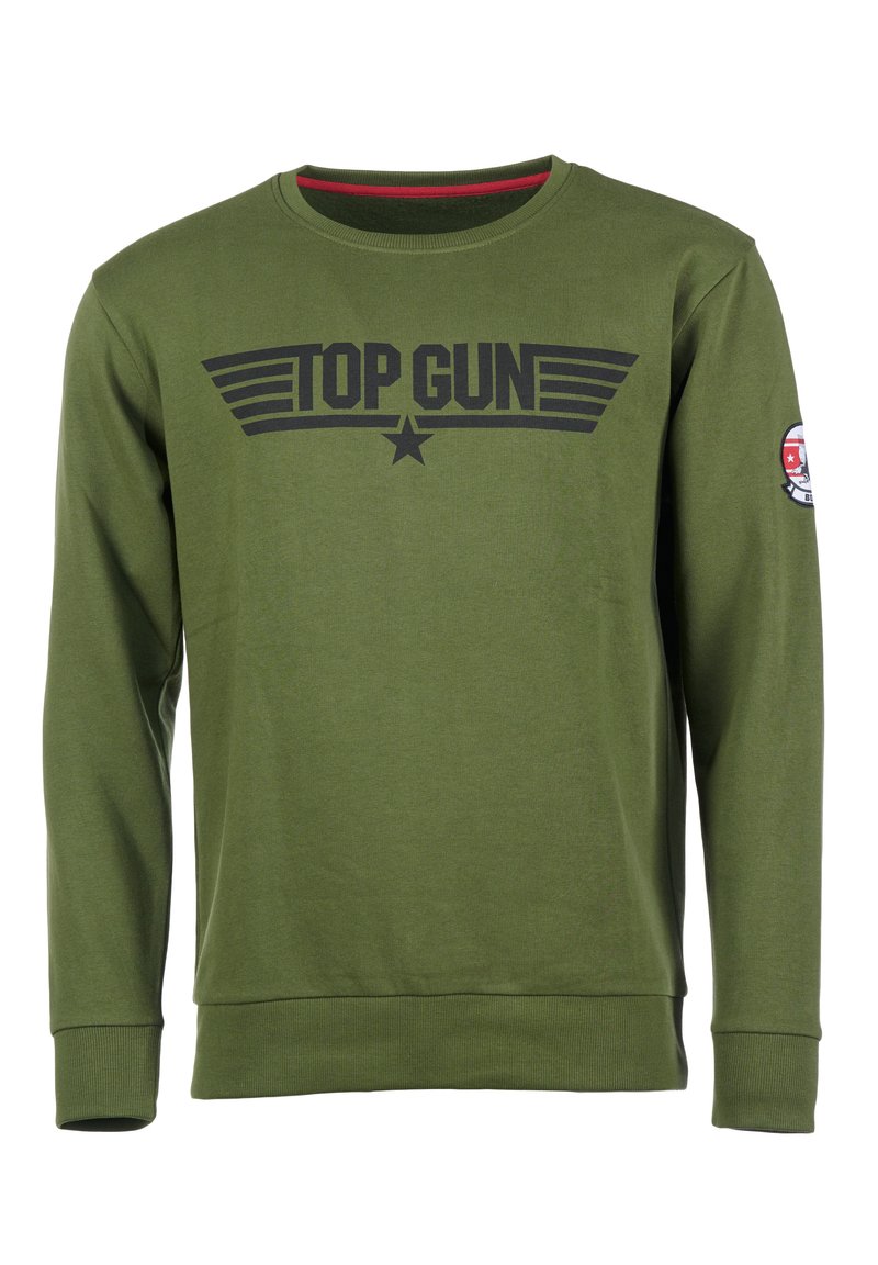 Olive green sweatshirt with long sleeves, ribbed cuffs, and a crew neck. Features a black "TOP GUN" logo and a round patch on the sleeve.