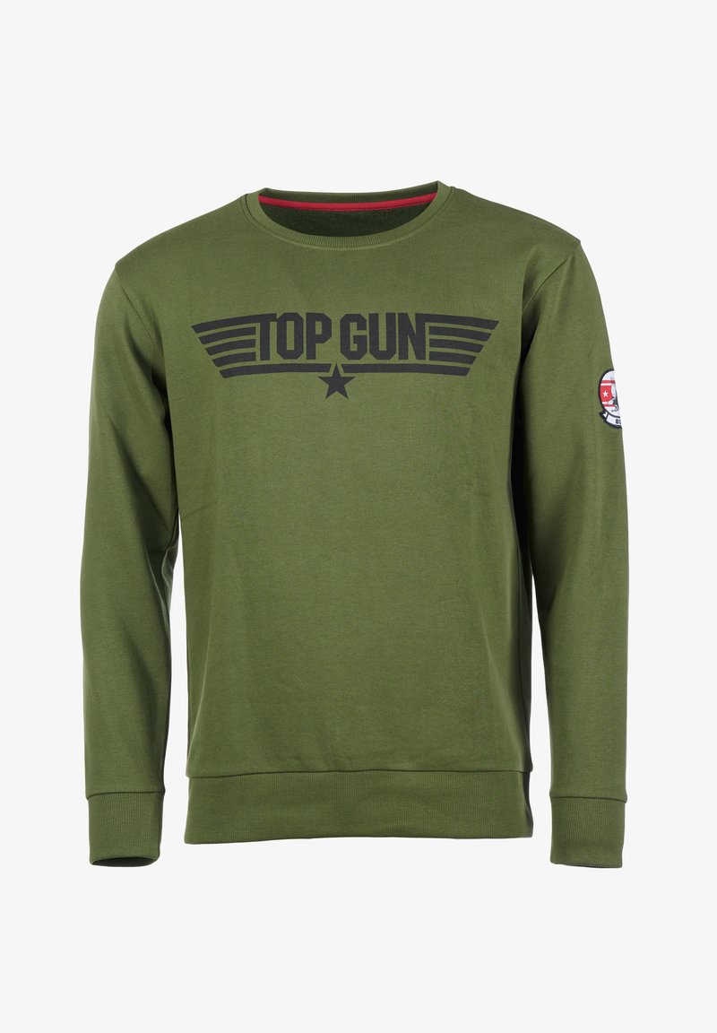 Oliivinvihreä collegepaita, jossa on pitkät hihat, ribbireunat ja pyöreä kaula-aukko. Mukana musta "TOP GUN" -logo ja pyöreä merkki hihassa.