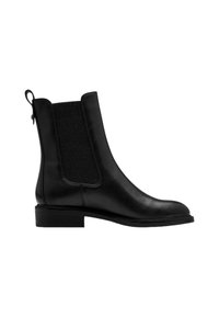 Schwarze Leder-Stiefelette mit elastischen seitlichen Einsätzen, runder Zehenform und niedrigem Blockabsatz. Mit einer Zuglasche an der Rückseite für ein einfaches An- und Ausziehen.