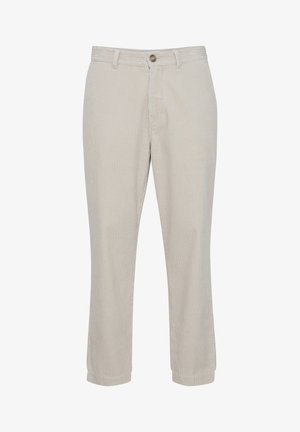 Béžové kordové nohavice s rovný strihom, s gombíkovým zapínaním a viditeľnou prúžkovanou textúrou. Sfarbené konce bez ďalších akcentov.