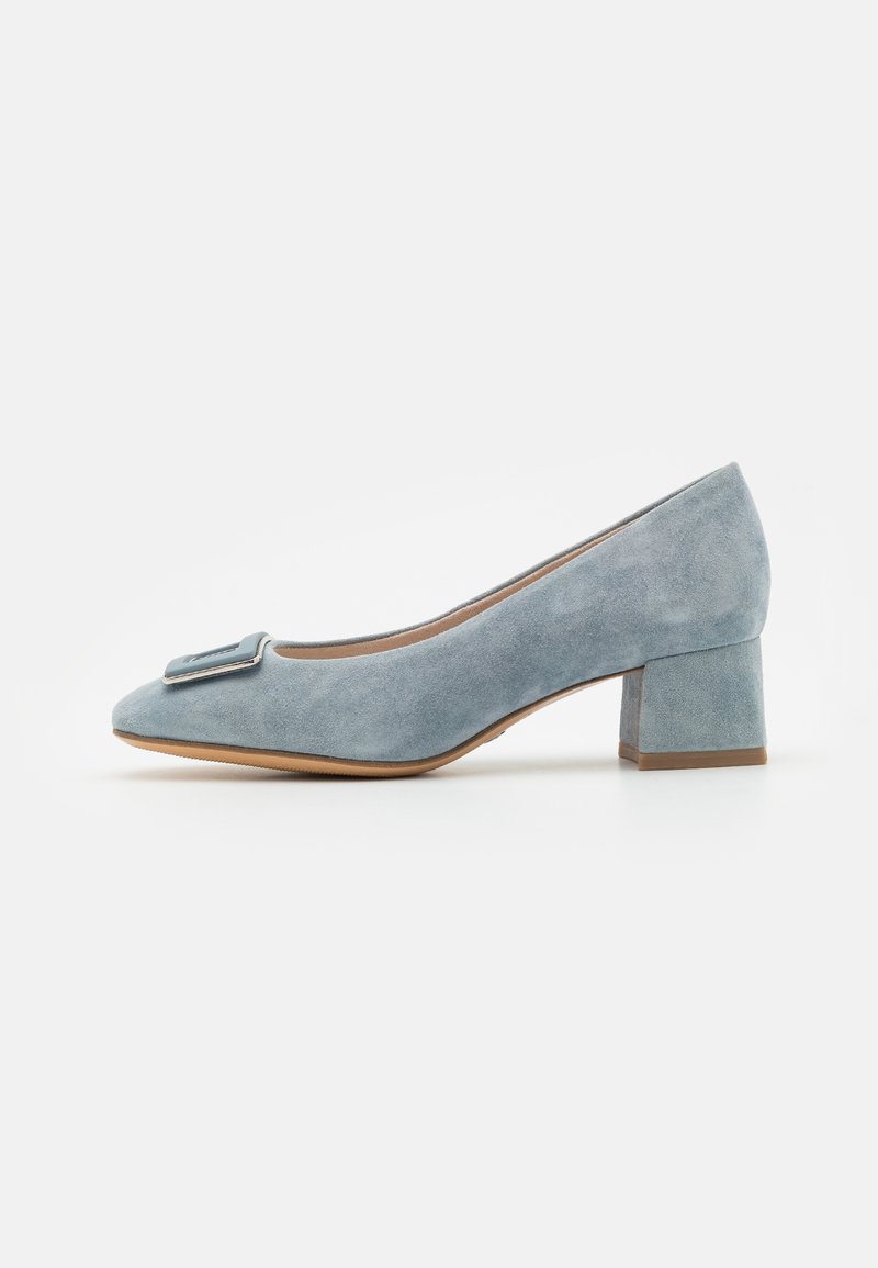 Pompe en suede bleu avec un bout arrondi, un talon carré et une boucle décorative sur le devant. Texture lisse et semelle de couleur claire.