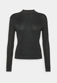 Czarna prążkowana bluzka z długim rękawem i wysokim dekoltem. Wykonana z teksturowanego materiału z subtelnymi metalicznymi nitkami, które nadają połysk.