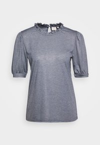 Camisa gris de manga corta con un cuello con volantes y mangas abullonadas. Hecha de una tela suave y texturizada con un acabado liso.