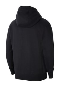 Sudadera negra con capucha, de textura suave, con puños y cintura acanalados. Presenta una costura central en la parte posterior y una capucha redondeada.