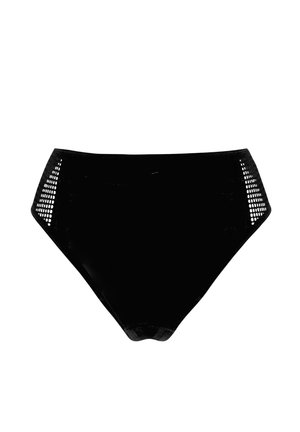 Mutande a bikini nera con una texture liscia e pannelli laterali in rete che presentano piccoli motivi ritagliati; design a vita alta per una maggior copertura.