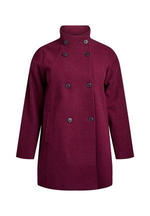 Bordeaux wollen jas met een hoge kraag, dubbele knoopsluiting, raglanmouwen en zijzakken. Vloeiende textuur met een getailleerd silhouet.